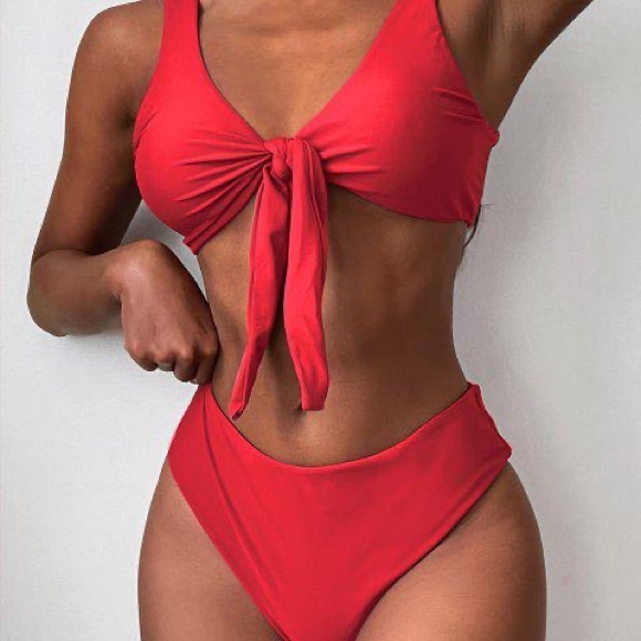 Tie Front Padded Bikini Set - Bright Red - Picture 2 of 2